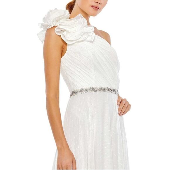 Mac Duggal White Silver Rosette Appliqué One-Shoulder Chiffon 49179 Gown 8 - Picture 5 of 9